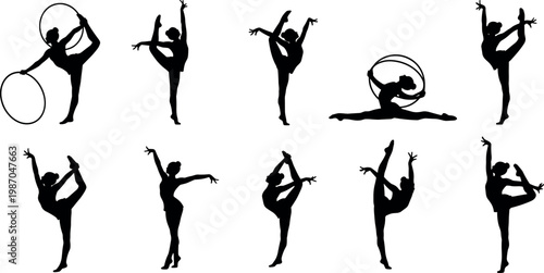 Collection of ten black vector silhouettes illustrating female rhythmic gymnasts executing elegant artistic acrobatic poses and flexible routines with hoops.