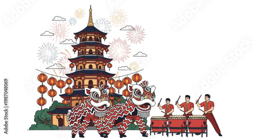 Chinese New Year Lion Dance with Drums and Pagoda