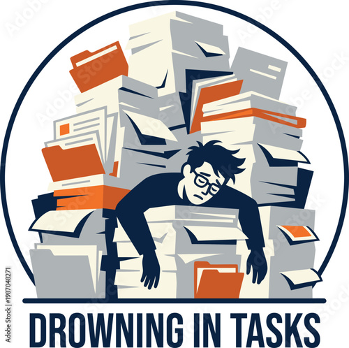 Work Overload Illustration Vector | Drowning in Tasks Productivity Stress Concept Design
