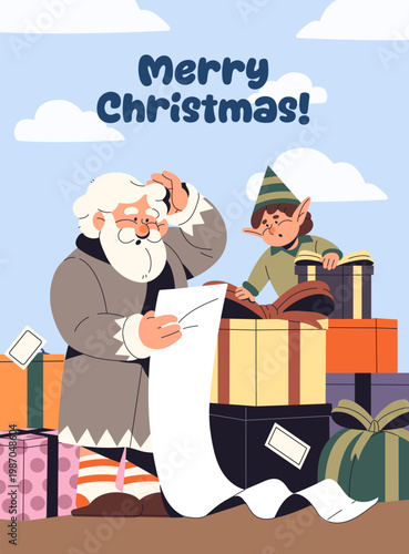 Christmas greeting card design with Santa Claus and elf reading kids wish lists, children Xmas letters. New Year postcard template. Festive layout for winter holidays. Flat vector illustration