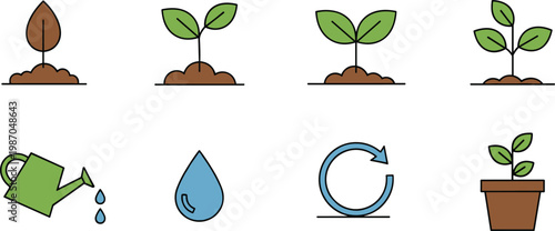 Essential Gardening and Plant Care Icon Set Featuring Seedling Growth Stages, Watering Can, Water Droplet, and Potted Plant for Horticulture and Environmental Education