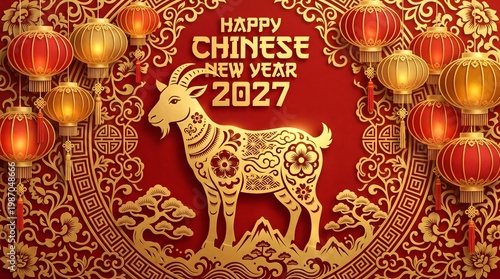 year of the goat zodiac 2027 happy chinese new year lunar china modern logo design, chinese new year 2027 golden goat zodiac celebration lanterns