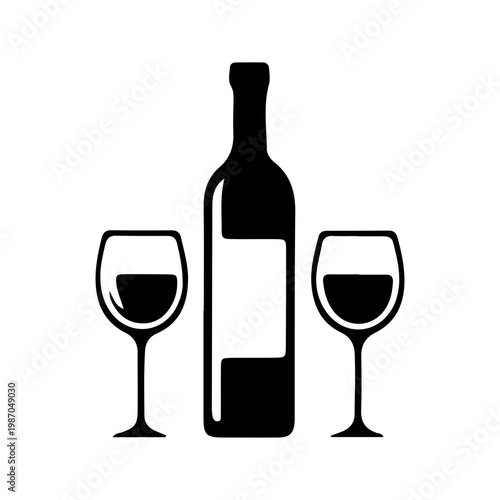 Wine Bottle and Two Glasses Silhouette Icon Vector Illustration