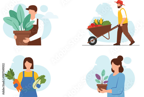 Flat Vector Illustration of Male and Female Farmers and Gardeners Harvesting Fresh Vegetables and Carrying Potted Plants for Organic Agriculture and Gardening Projects