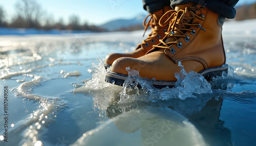 Person wearing sturdy boots walks on thin ice creating splashes. Water breaks apart underfoot showing frozen texture. Dynamic scene of winter exploration and outdoor adventure.