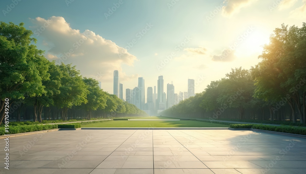 Naklejka premium Wide paved plaza overlooks green parkway leading to city skyline. Tall trees line path under bright sunny sky. Open area suitable for presentations or advertising.
