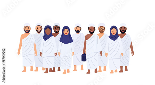 Muslim pilgrims in white robes standing.