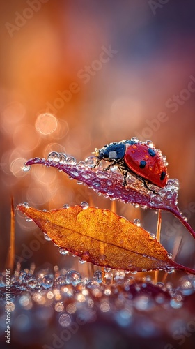 Ladybug On Dew Covered Autumn Leaf In Morning Light
