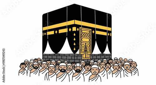 Pilgrims gather around Kaaba building.