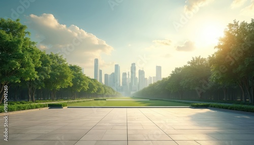 Wide paved plaza overlooks green parkway leading to city skyline. Tall trees line path under bright sunny sky. Open area suitable for presentations or advertising.