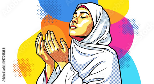 Woman in white hijab praying.