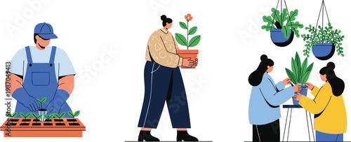 Flat Vector Illustration of Male and Female Professional Gardeners and Florists Planting Seedlings, Carrying Potted Flowers, and Caring for Indoor Hanging Plants in a Greenhouse