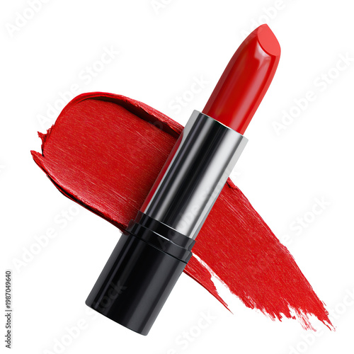 A red lipstick with a silver and black case on transparent background