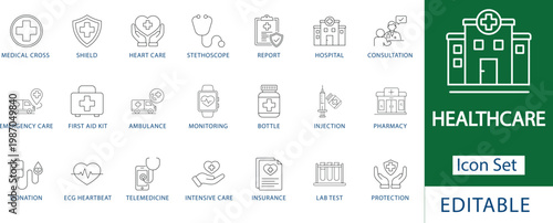 Medical and Healthcare Icon Set: Professional Telemedicine, Hospital Clinic, Patient Care, Doctor Consultation, Emergency First Aid, Digital Health, Pharmacy, and Medical Security Line Icons.