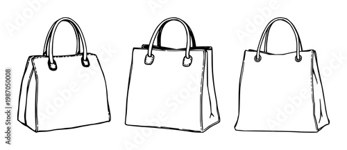 Retro bag set with sleek black line art on white background featuring retro, minimalist, single item illustration with fashion and accessories