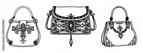 Ornate brass bag set with intricate black line art patterns featuring vintage style, antique design, elegant decoration with symmetrical motifs and detailed ornamentation