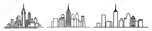 City icon set with stylized black line art on white background featuring city, skyline, architecture with illustration and vector