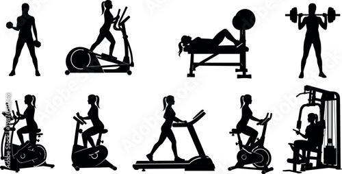Female gym workout silhouettes vector collection featuring various cardio machines, weightlifting, and fitness training exercises isolated on a white background.