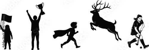 Silhouette collection of a child with flag, winner with trophy, superhero kid, jumping deer, and female field hockey player athlete.