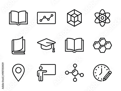 Icons related to learning and science with graduation cap location pin line art honeycomb molecule education learning teaching research illustration collection knowledge university