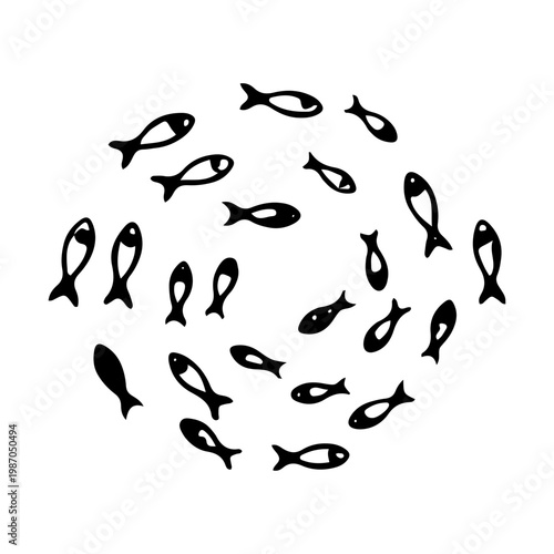 Minimalist Hand Drawn School of Fish Circle Illustration
