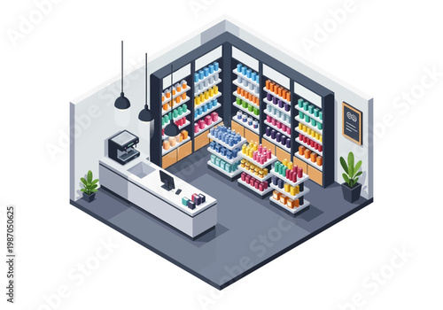 Isometric view of a well-stocked convenience store with shelves filled with various products and a checkout counter