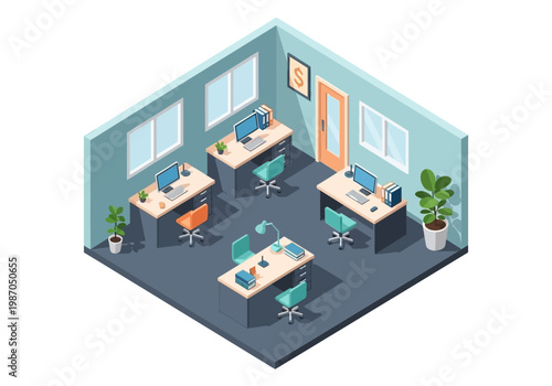 Modern office interior with desks and computers, business workspace and professional environment