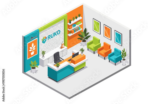 Modern office reception area with a clean design and colorful seating options