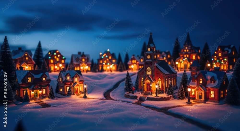 Fototapeta premium Enchanting Winter Village Scene Illuminated Homes in a Snowy Landscape.
