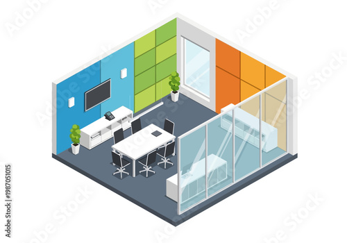 Isometric 3D office meeting room interior with modern furniture, technology and decor elements