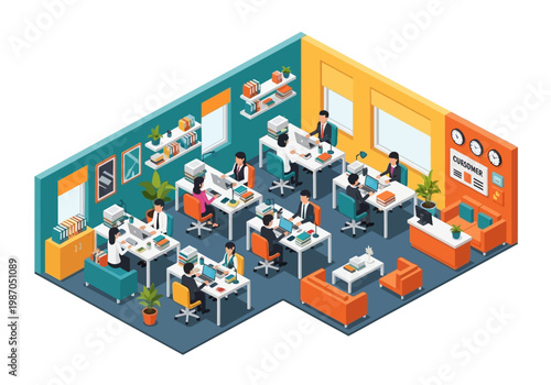 Isometric view of a modern office space filled with employees working diligently at their desks, showcasing a collaborative and productive work environment