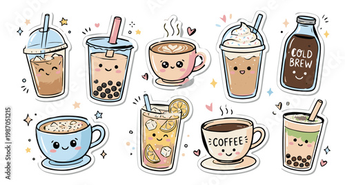 Cute Coffee and Boba Tea Drink Sticker Set, Kawaii Hand Drawn Beverage Doodles