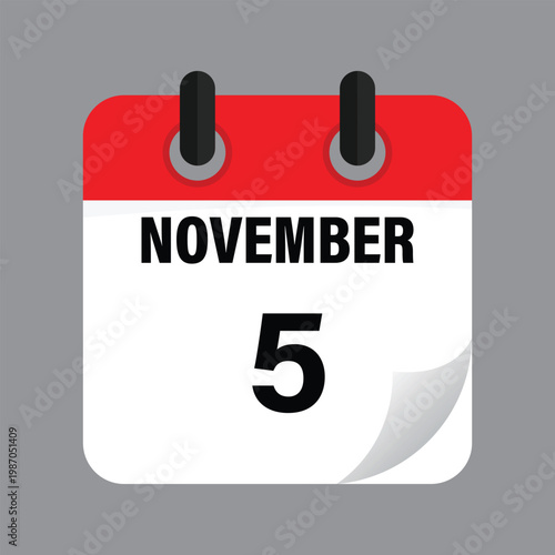 Fifth November Calendar Icon Date Schedule Grey Background Vector Illustration