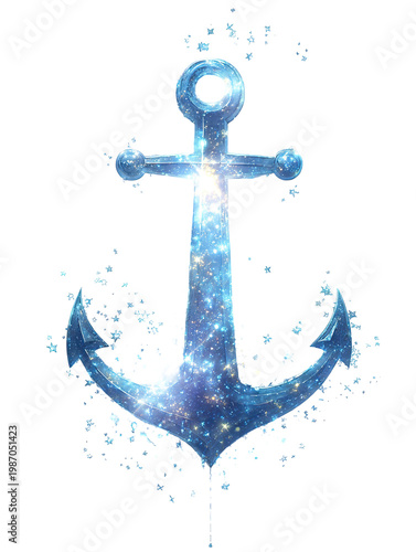 A sparkling blue anchor on a transparent background with a black backdrop
