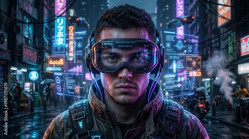 Ultra-realistic portrait of a person wearing a VR headset with glowing holographic interfaces floating around, reflections of digital elements on the visor, cyberpunk lighting, high contrast