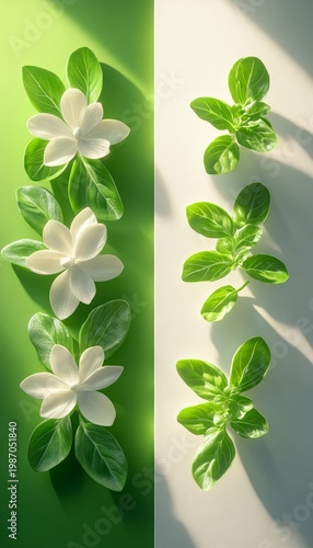 Elegant Arrangement of Jasmine Flowers and Green Leaves on a White Background, Flat Lay Composition