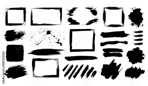 Grungy ink brush strokes and paint boxes vector collection with abstract splashes and rough frames