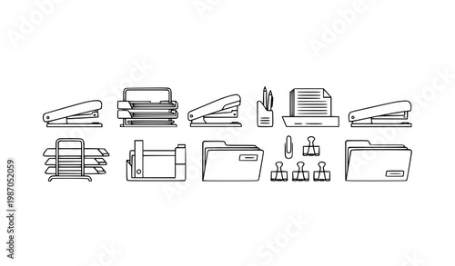 Minimal line art stapler and document organizer vector set with office stationery and paper management elements