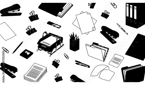 Stapler stationery and document organizer vector collection with office supplies papers and file management tools