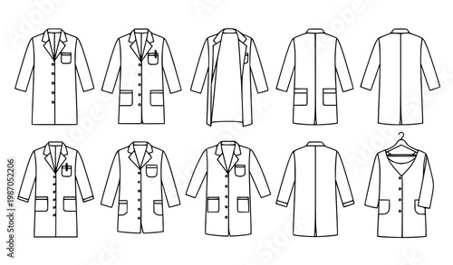 Lab coat line art vector set with multiple styles and angles medical uniform outline collection