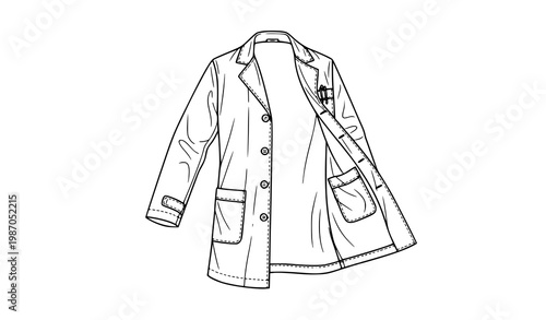 Detailed lab coat line art vector with stitching and pocket details medical uniform outline illustration