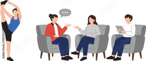 People in Therapy Session and Personal Fitness Activity with Stretching Exercise, Counseling Conversation, Mental Health Support and Lifestyle Balance Vector Illustration