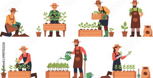 Professional Gardener and Farmer Character Set Featuring Men and Women Planting, Watering, and Harvesting Crops in Garden Beds for Organic Agriculture and Horticulture