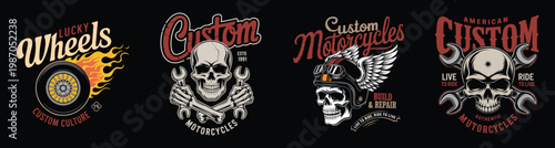 Set of motorcycle custom culture emblems with skulls tires and tools.