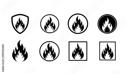 Flame silhouette badge vector set with fire emblem icons and abstract burning symbol collection