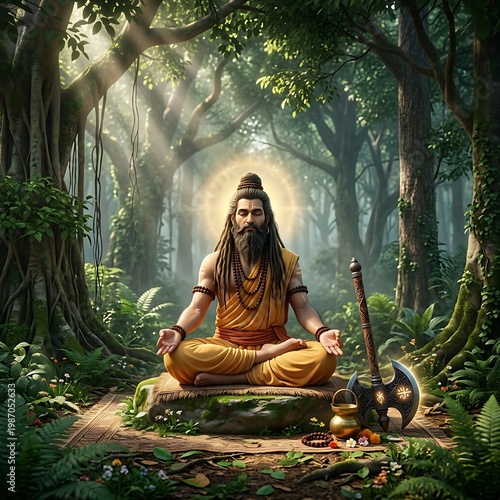 Parshuram Jayanti celebration in serene forest with mystic seated peacefully