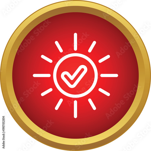 Red button with a gold border featuring a sun enclosing a white checkmark