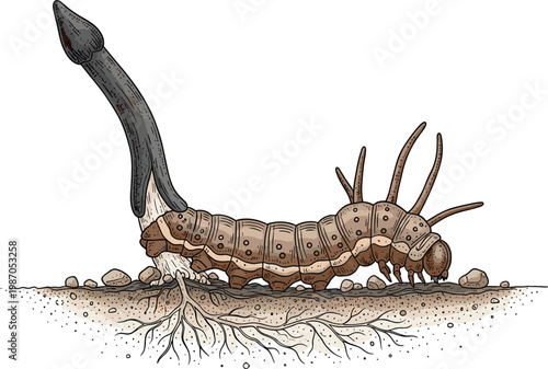 Detailed Cordyceps Sinensis Fungus Illustration Featuring Parasitic Mushroom Growing from Caterpillar Larva for Traditional Medicine, Biology, and Botanical Science Research Designs