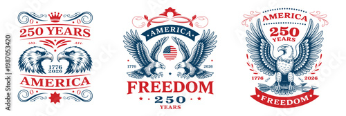 Patriotic america 250 years anniversary heraldic badges with eagle set.