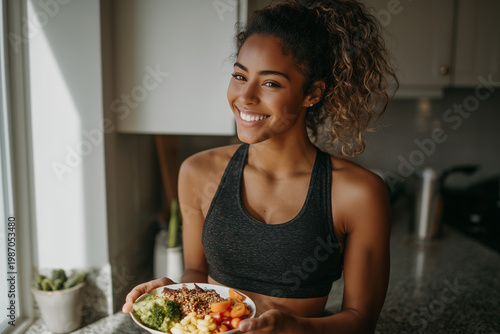 Athlete enjoying healthy recovery meal in modern kitchen.